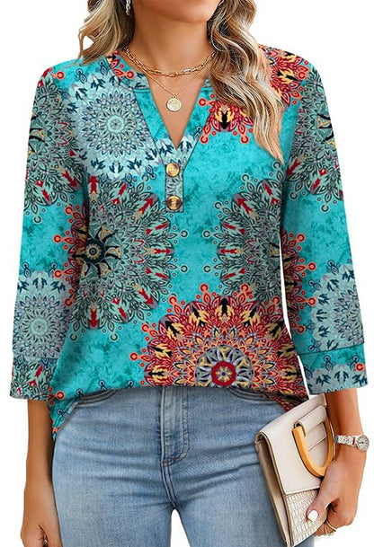 Womens 3/4 Sleeve Heley Button V neck Tops