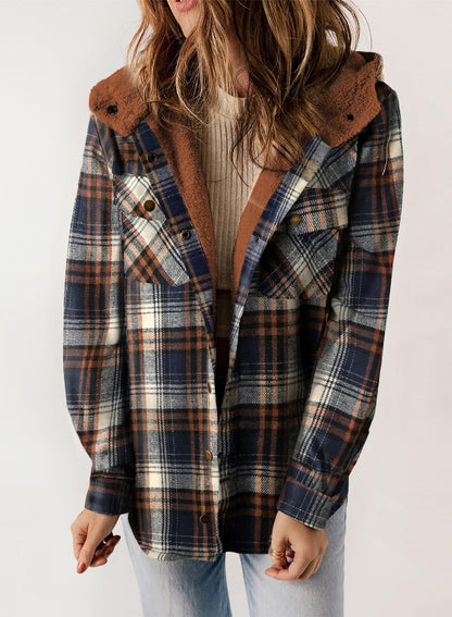 Women's Fall Fuzzy Flannel Long Sleeve Plaid Jacket Coat with Hood