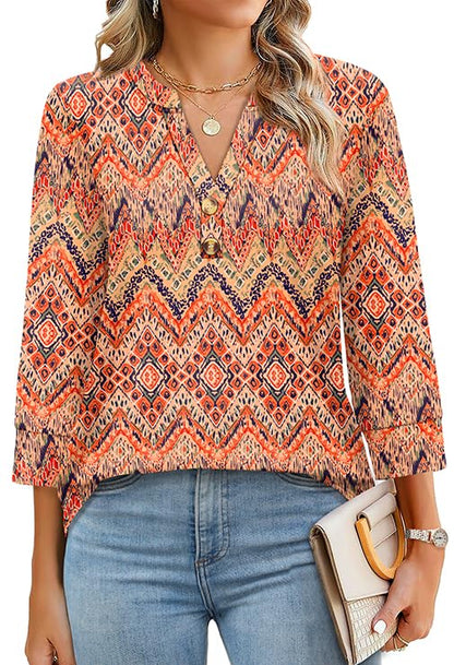 Womens 3/4 Sleeve Heley Button V neck Tops