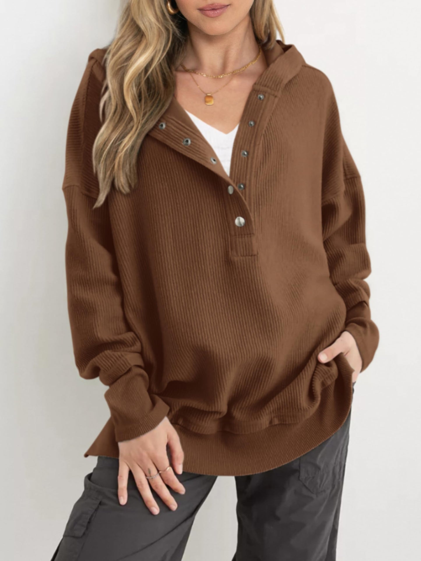 Womens Long Sleeve Hoodie Oversized Button Up Sweatshirt Pullover Tops
