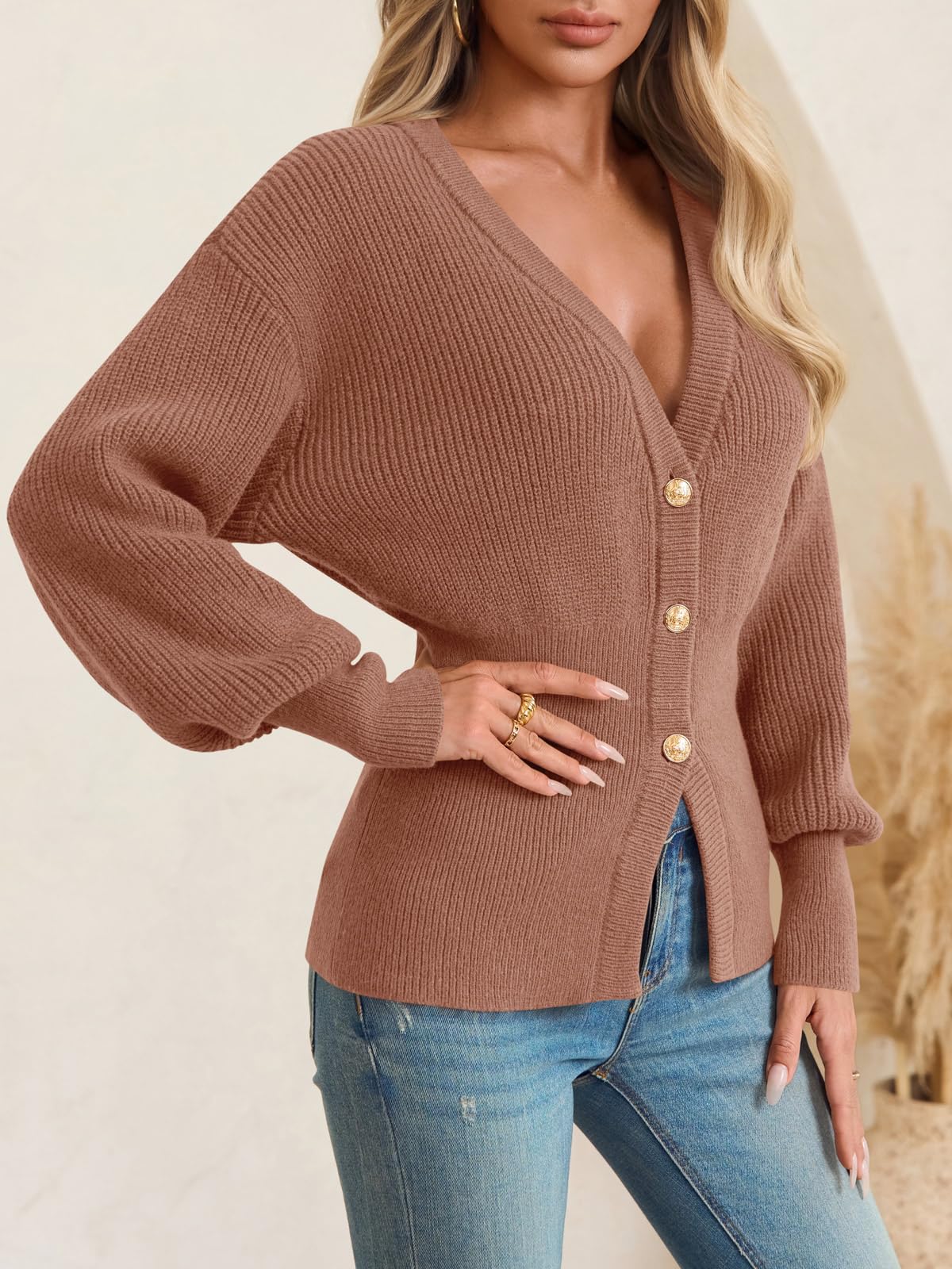 Womens Cardigan Chunky Button Down V Neck Sweater