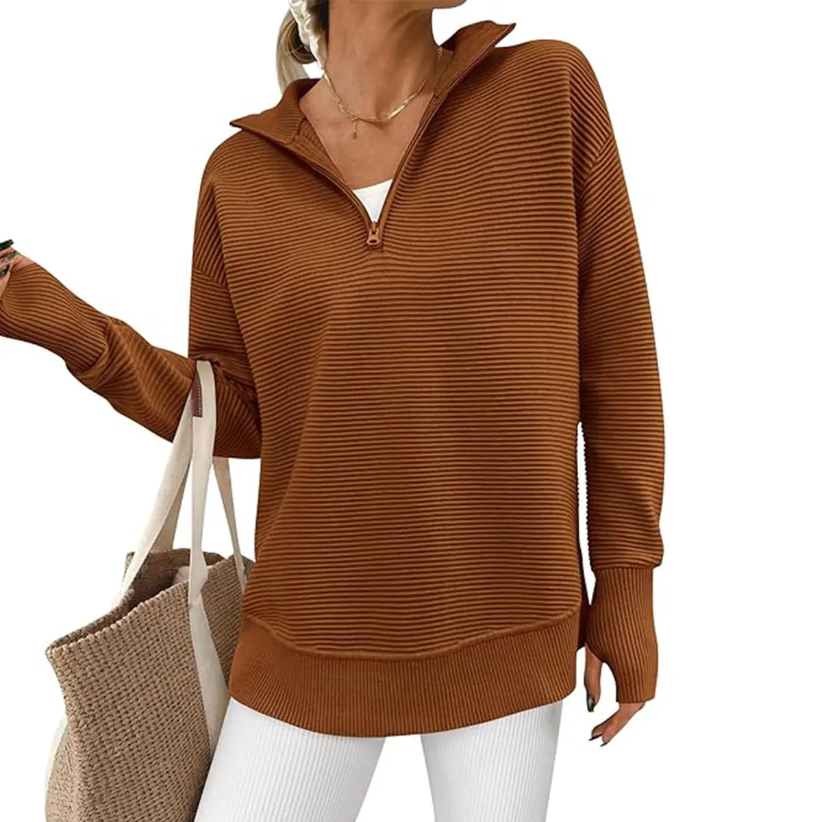 Women Oversized Half Zip Collar Vertical Rib Long Sleeve Knit Top