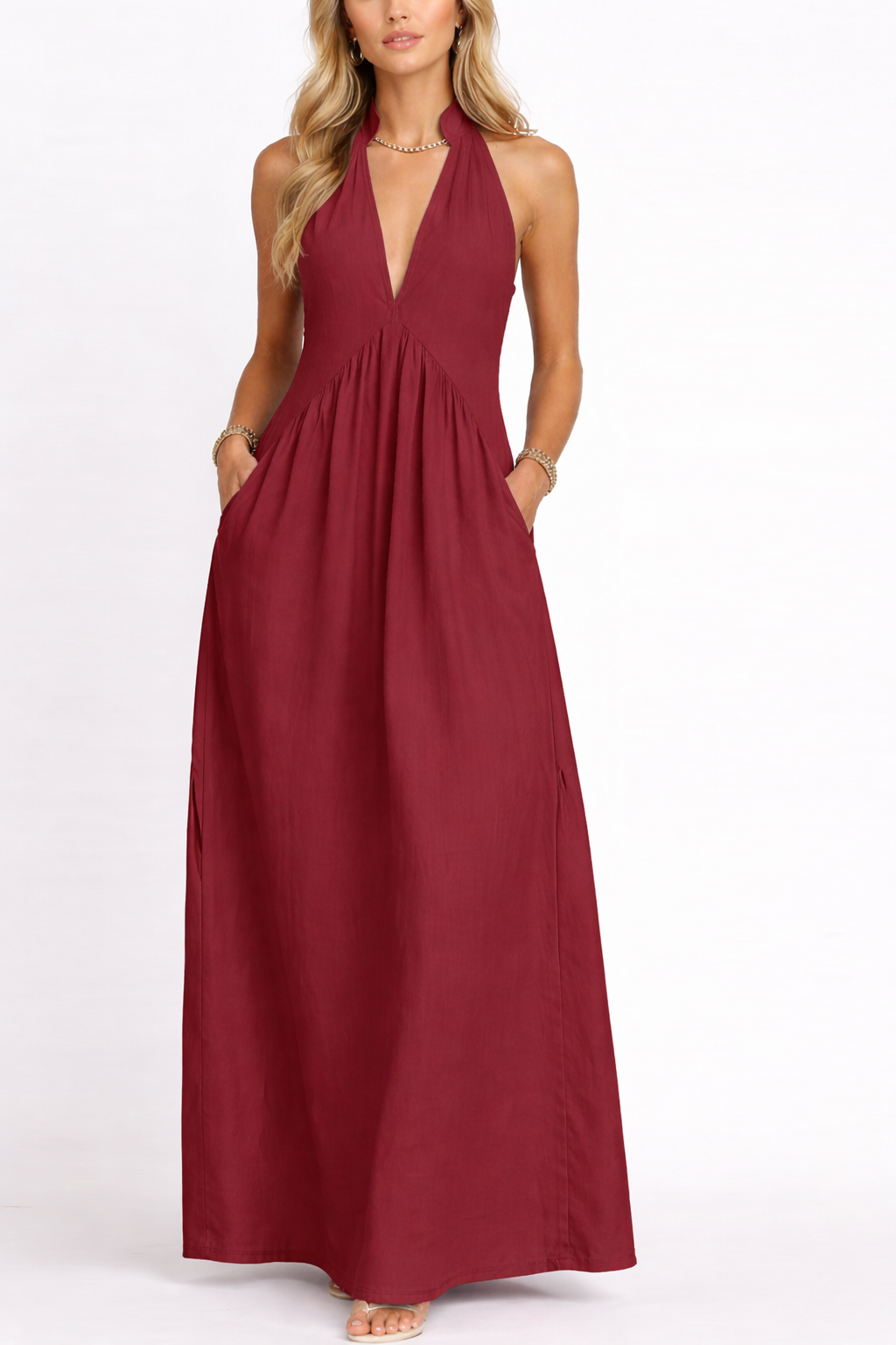 Women's Halter Neck Deep V Maxi Dress with Pockets