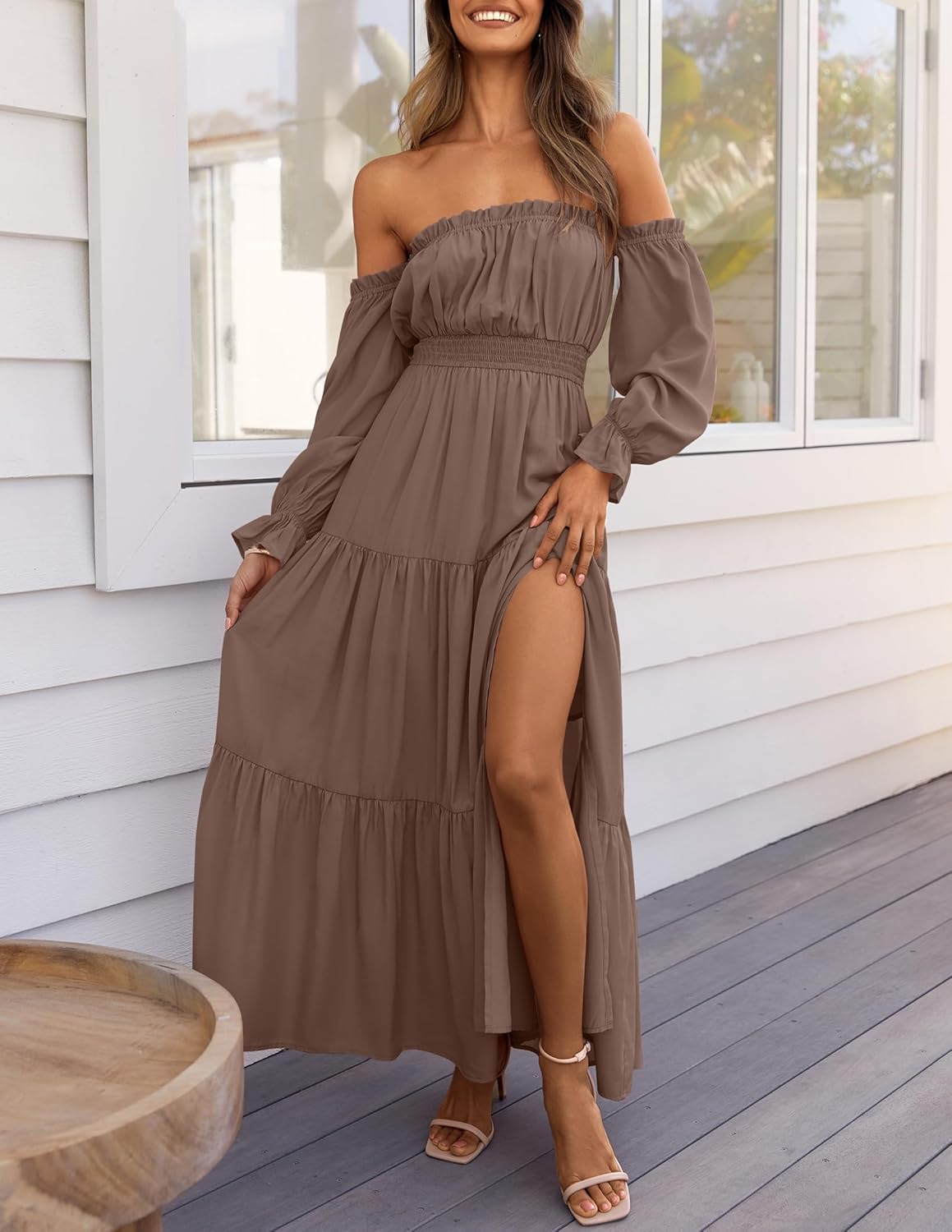 Women's  Boho Off Shoulder Long Sleeve Side Split Flowy A Line  Long Maxi Dress