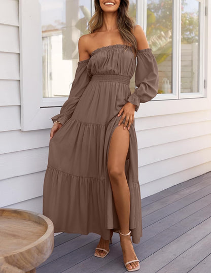 Women's Boho Off Shoulder Long Sleeve Side Split Flowy A Line Long Maxi Dress