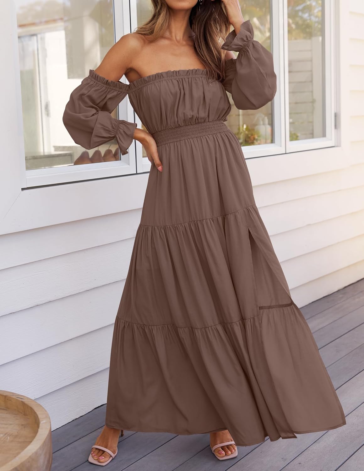 Women's  Boho Off Shoulder Long Sleeve Side Split Flowy A Line  Long Maxi Dress