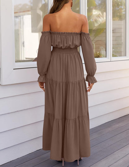 Women's Boho Off Shoulder Long Sleeve Side Split Flowy A Line Long Maxi Dress