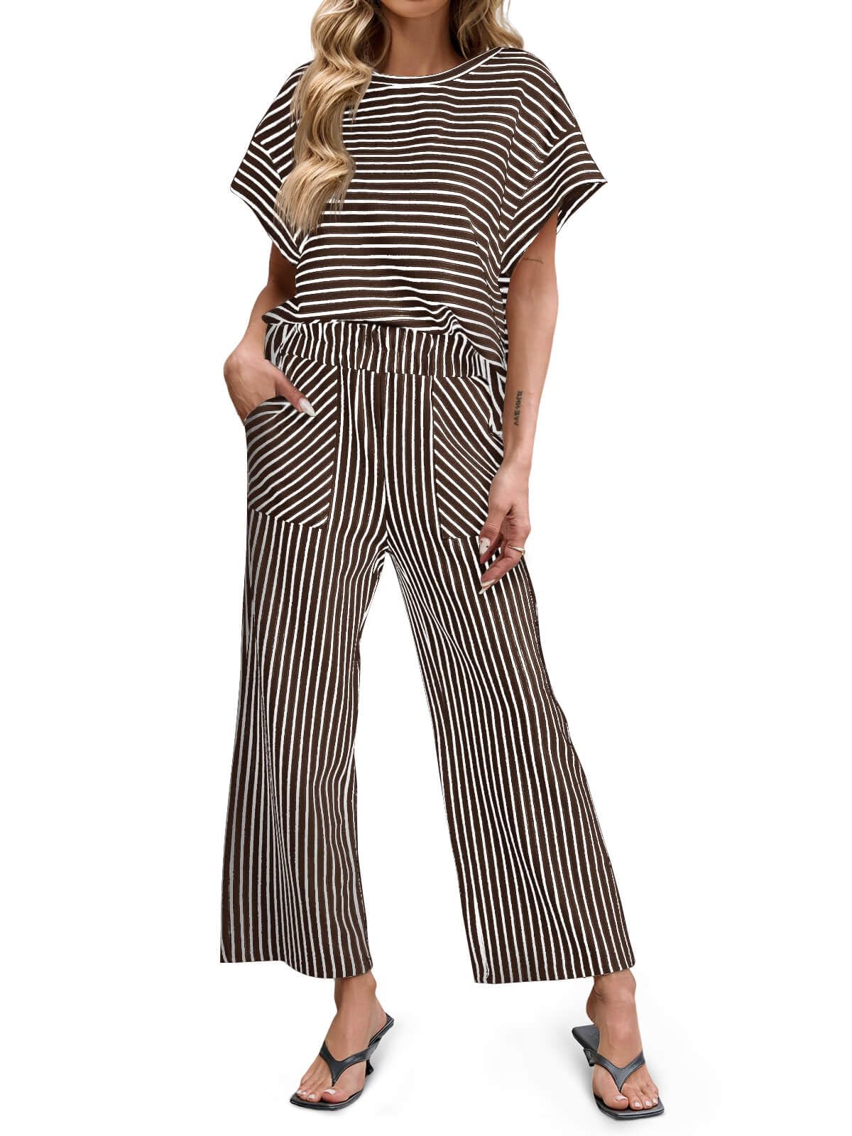 Womens Striped 2 Piece Sets Short Sleeve T Shirts Wide Leg Pants with Pockets
