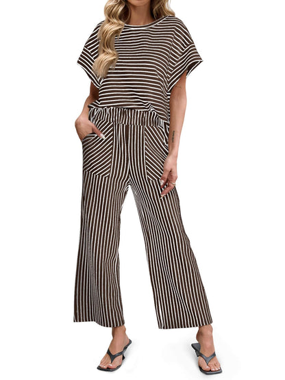 Womens Striped 2 Piece Sets Short Sleeve T Shirts Wide Leg Pants with Pockets
