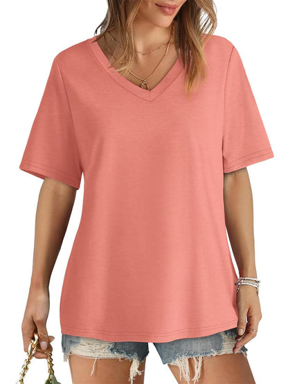 2026 Women's Solid Color V-Neck Loose Short Sleeve T-Shirt Top