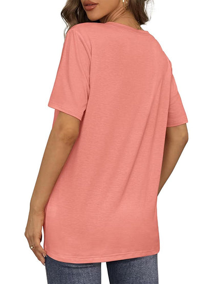2026 Women's Solid Color V-Neck Loose Short Sleeve T-Shirt Top