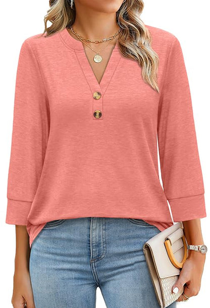 Womens 3/4 Sleeve Heley Button V neck Tops