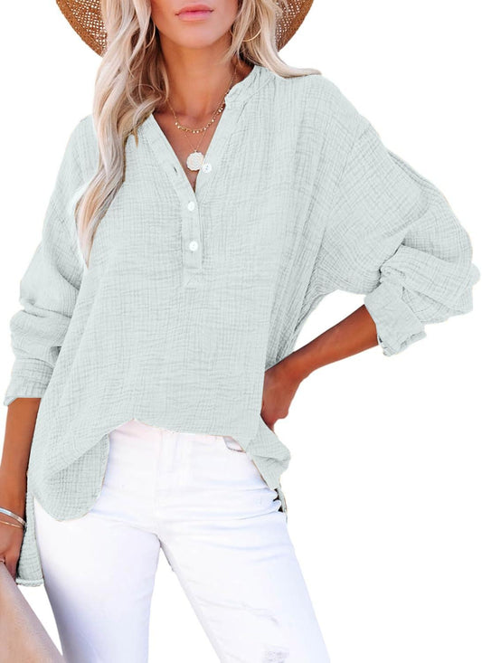 Womens Casual Gauze Button Neck Long Sleeve Oversized BlousesTops