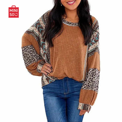 Womens Loose fit Long Sleeve Oversized Retro Leopard Contrast Patchwork Top