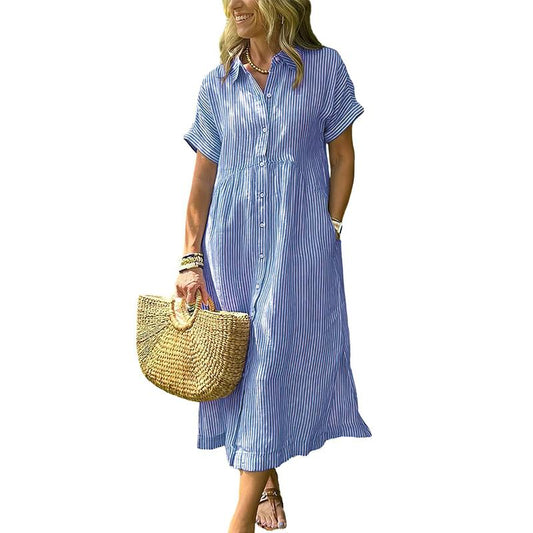 Women's Loose Striped Shirt Maxi Dress Bohemian Side Slit Dress with Pockets