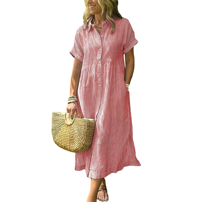 Women's Loose Striped Shirt Maxi Dress Bohemian Side Slit Dress with Pockets