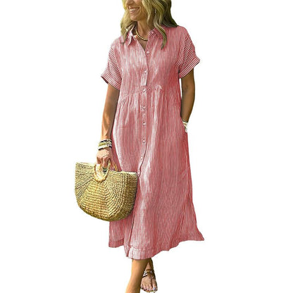 Women's Loose Striped Shirt Maxi Dress Bohemian Side Slit Dress with Pockets