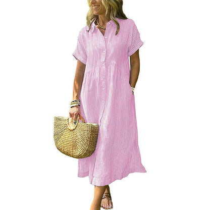 Women's Loose Striped Shirt Maxi Dress Bohemian Side Slit Dress with Pockets