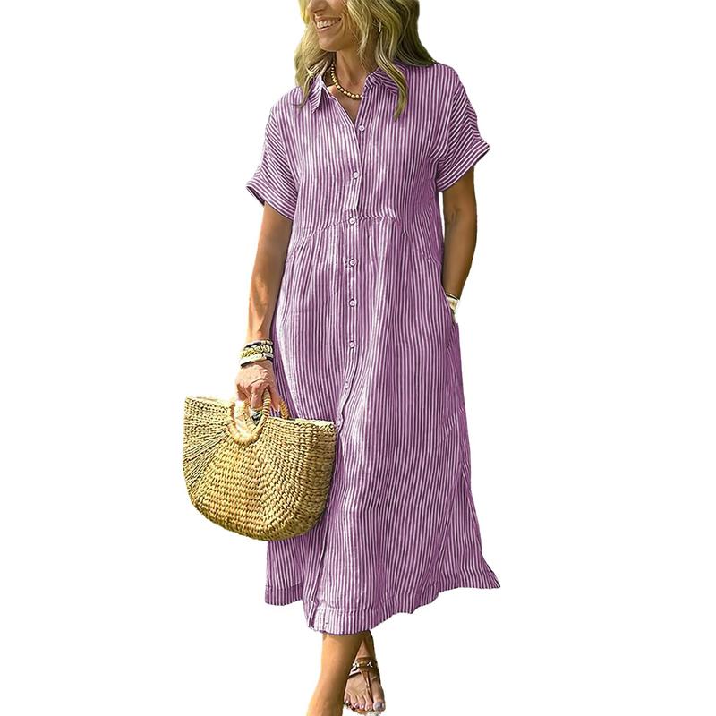 Women's Loose Striped Shirt Maxi Dress Bohemian Side Slit Dress with Pockets