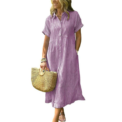 Women's Loose Striped Shirt Maxi Dress Bohemian Side Slit Dress with Pockets