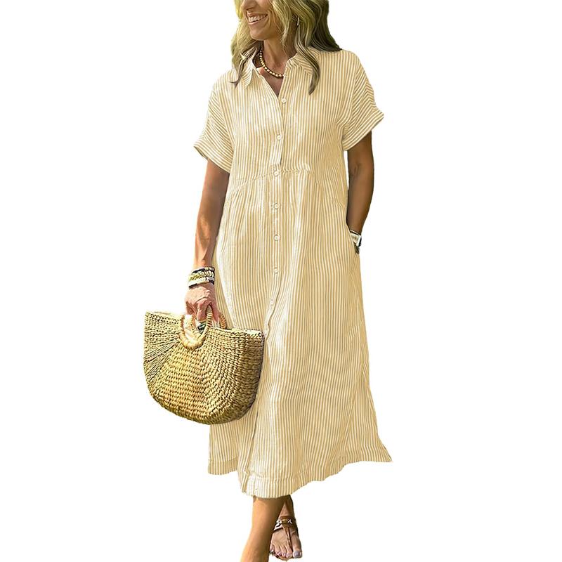 Women's Loose Striped Shirt Maxi Dress Bohemian Side Slit Dress with Pockets