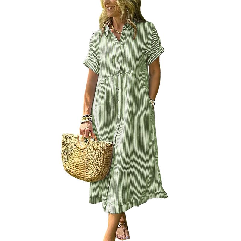 Women's Loose Striped Shirt Maxi Dress Bohemian Side Slit Dress with Pockets