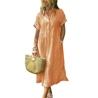 Women's Loose Striped Shirt Maxi Dress Bohemian Side Slit Dress with Pockets