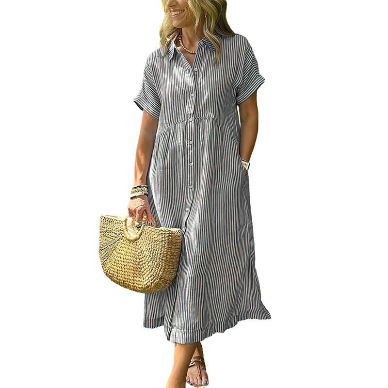 Women's Loose Striped Shirt Maxi Dress Bohemian Side Slit Dress with Pockets