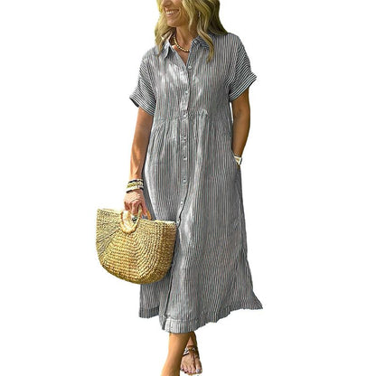 Women's Loose Striped Shirt Maxi Dress Bohemian Side Slit Dress with Pockets