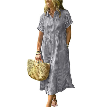 Women's Loose Striped Shirt Maxi Dress Bohemian Side Slit Dress with Pockets