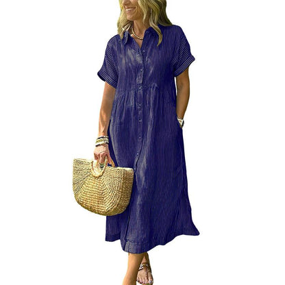Women's Loose Striped Shirt Maxi Dress Bohemian Side Slit Dress with Pockets