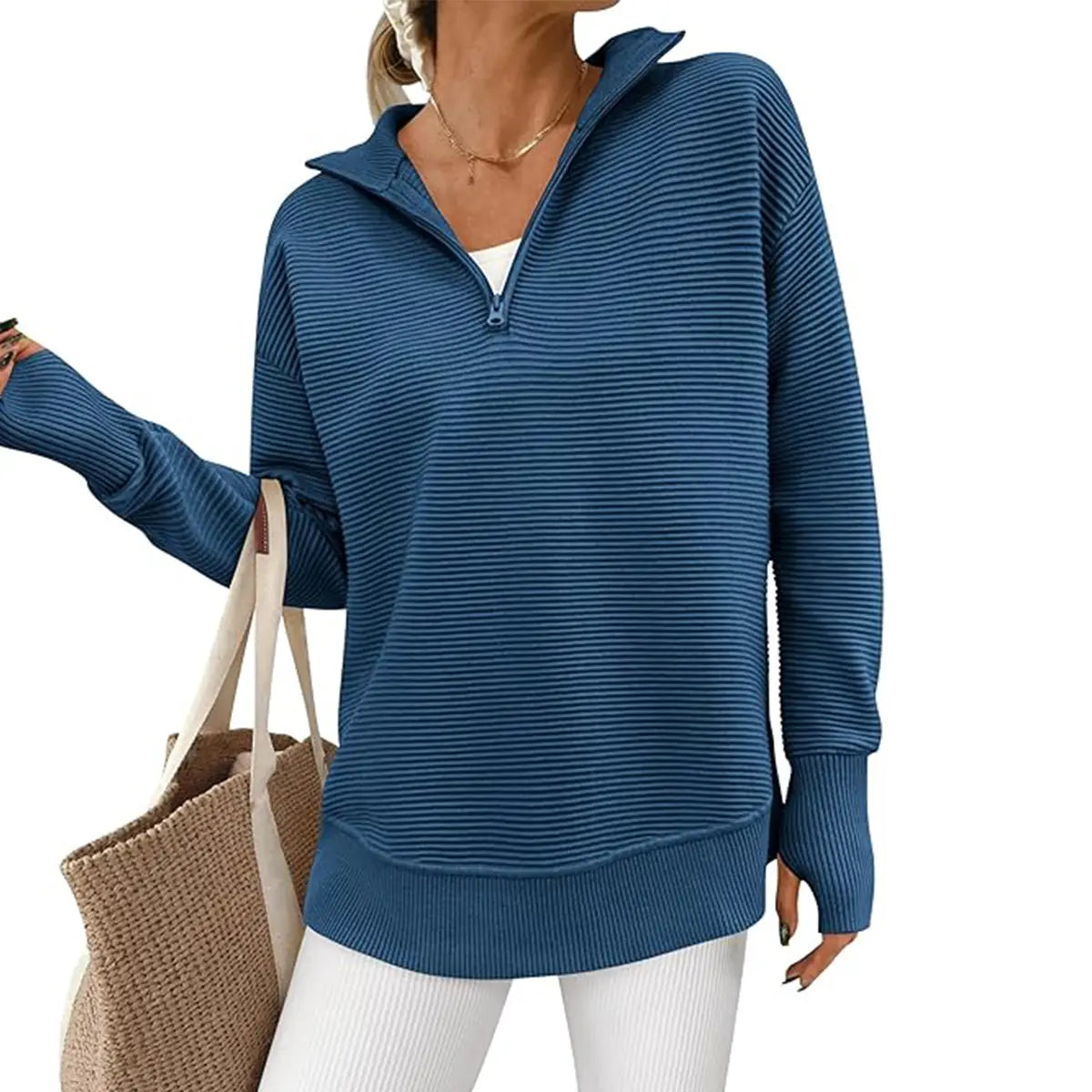 Women Oversized Half Zip Collar Vertical Rib Long Sleeve Knit Top
