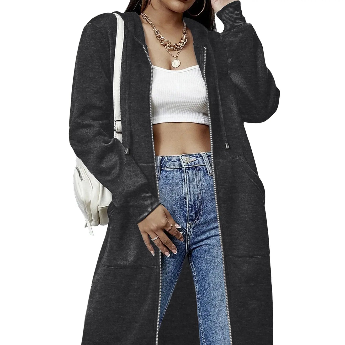 Women Oversized Full Zip Long Length Hooded Jacket with Side Pockets