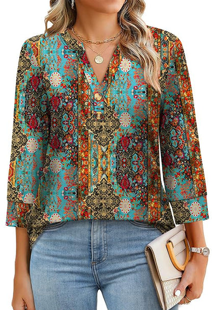 Womens 3/4 Sleeve Heley Button V neck Tops