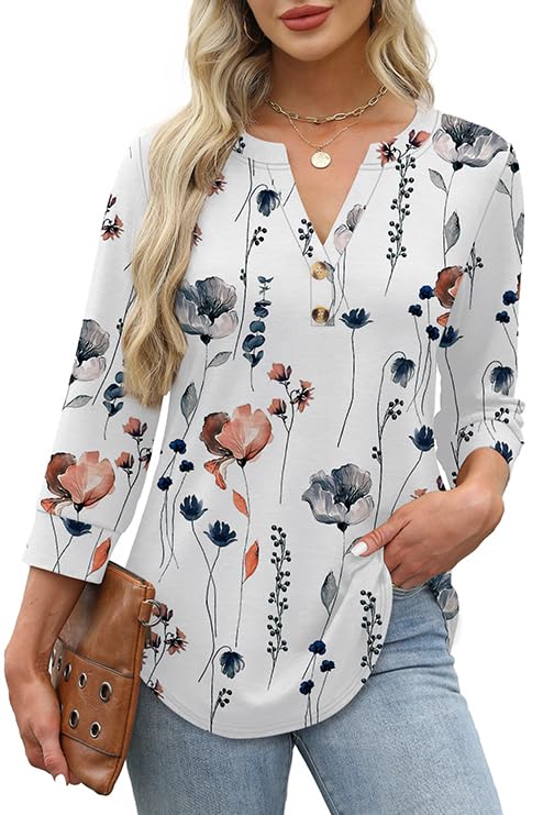 Womens 3/4 Sleeve Heley Button V neck Tops