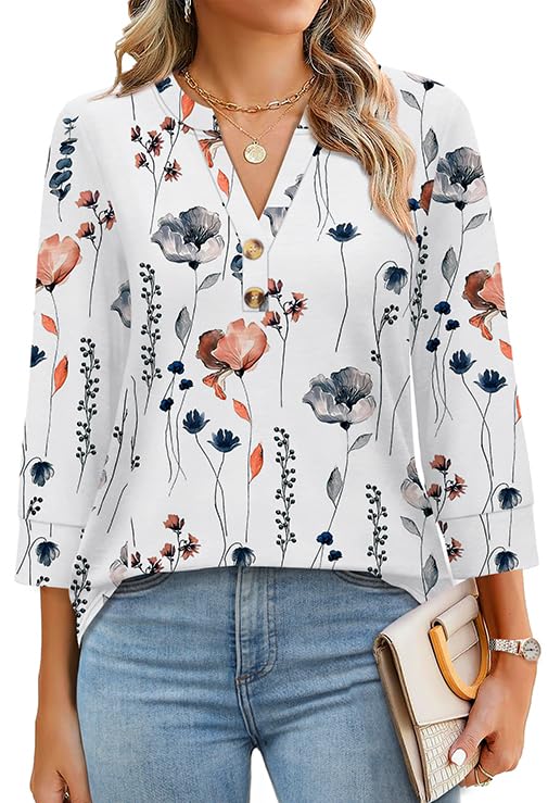 Womens 3/4 Sleeve Heley Button V neck Tops