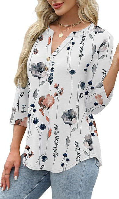 Womens 3/4 Sleeve Heley Button V neck Tops