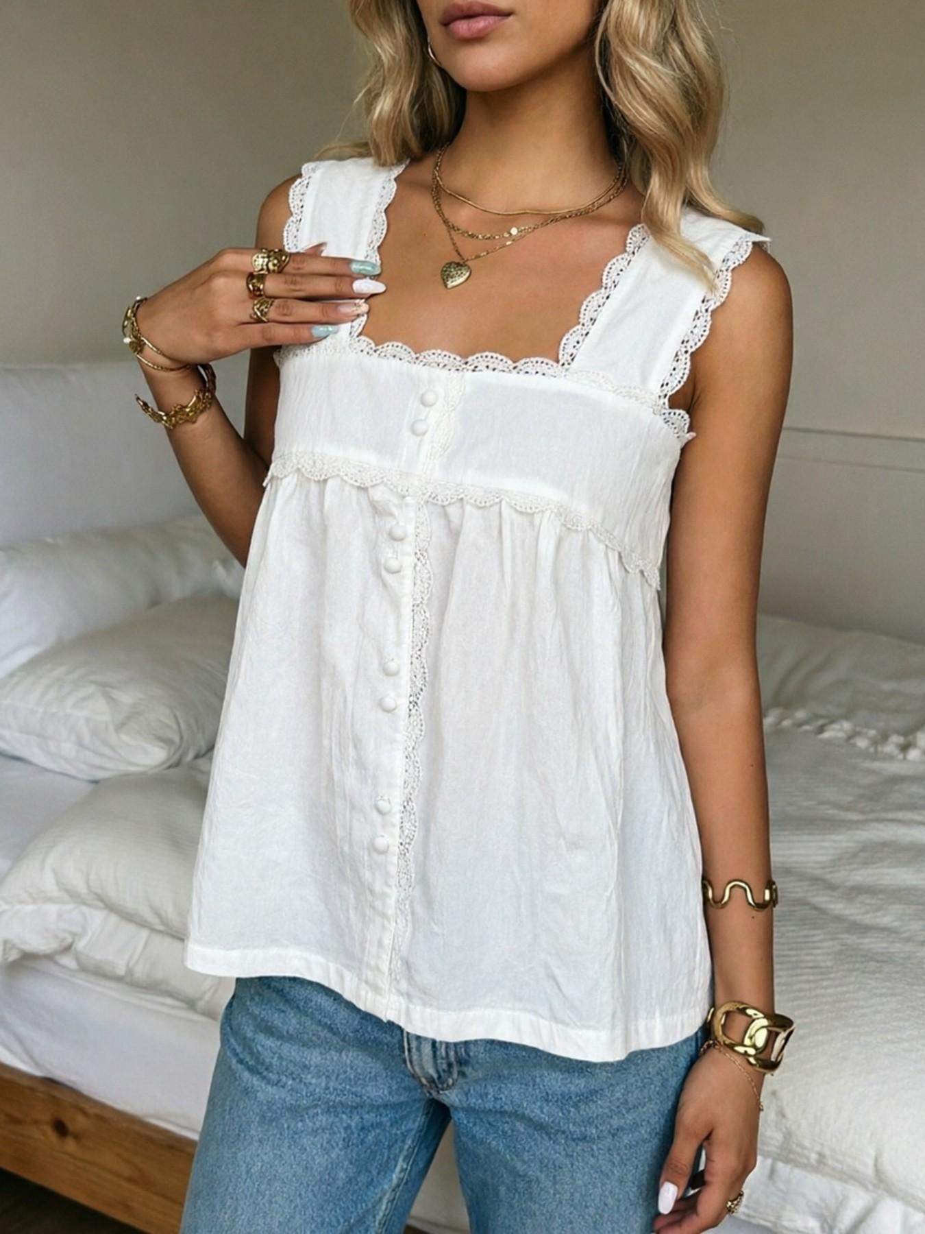 Womens Lace Trim Square Neck Sleeveless Tank Top