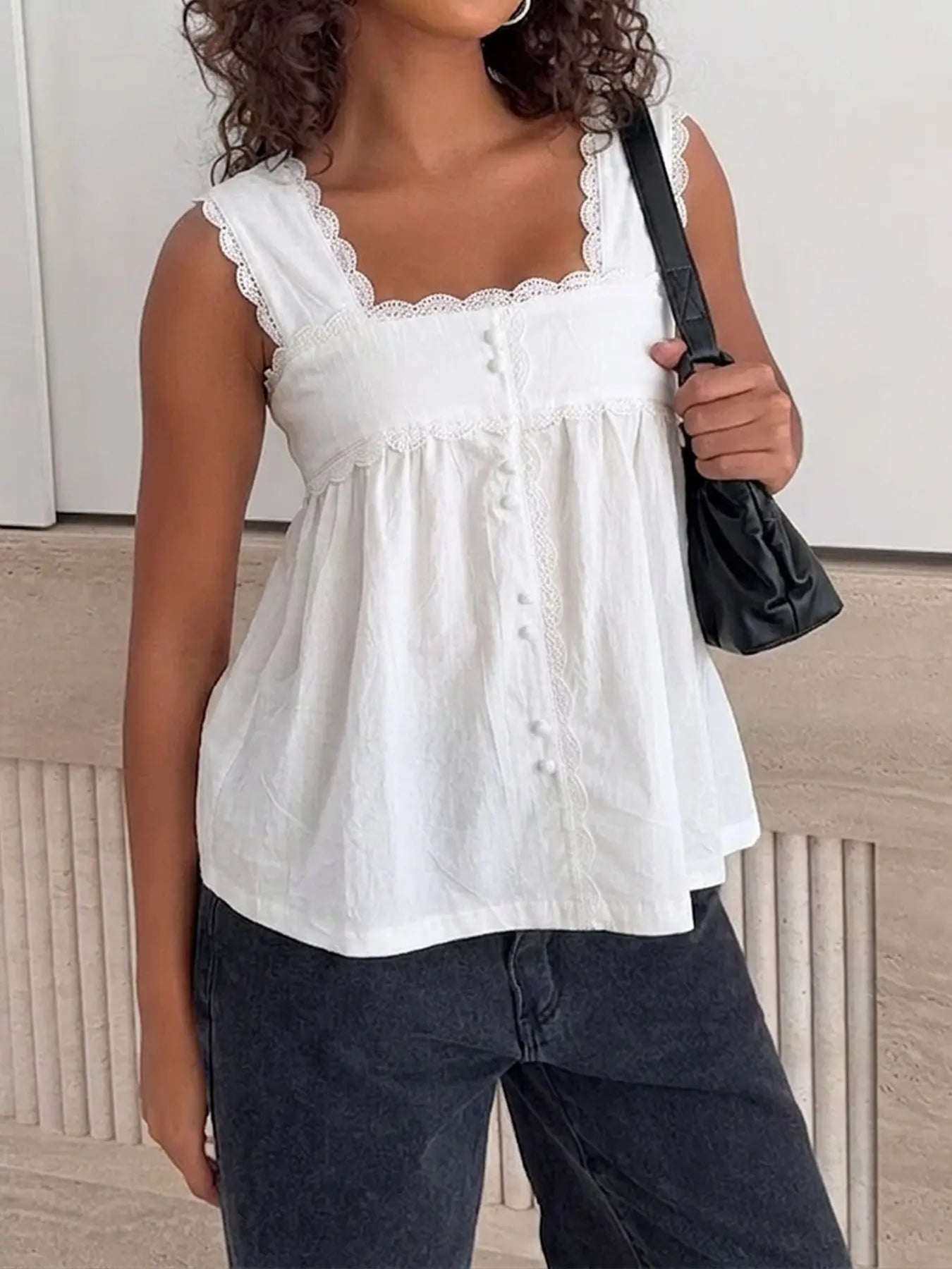 Womens Lace Trim Square Neck Sleeveless Tank Top