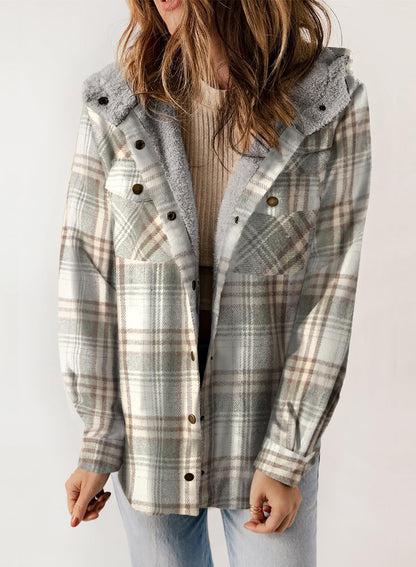 Women's Fall Fuzzy Flannel Long Sleeve Plaid Jacket Coat with Hood
