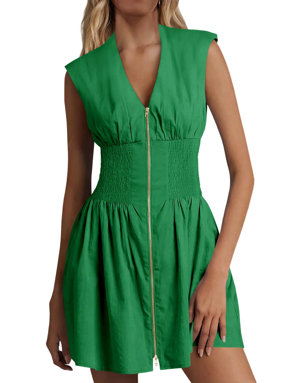 Women's Zip Front V Neck Sleeveless Tank Mini Dress with Pockets