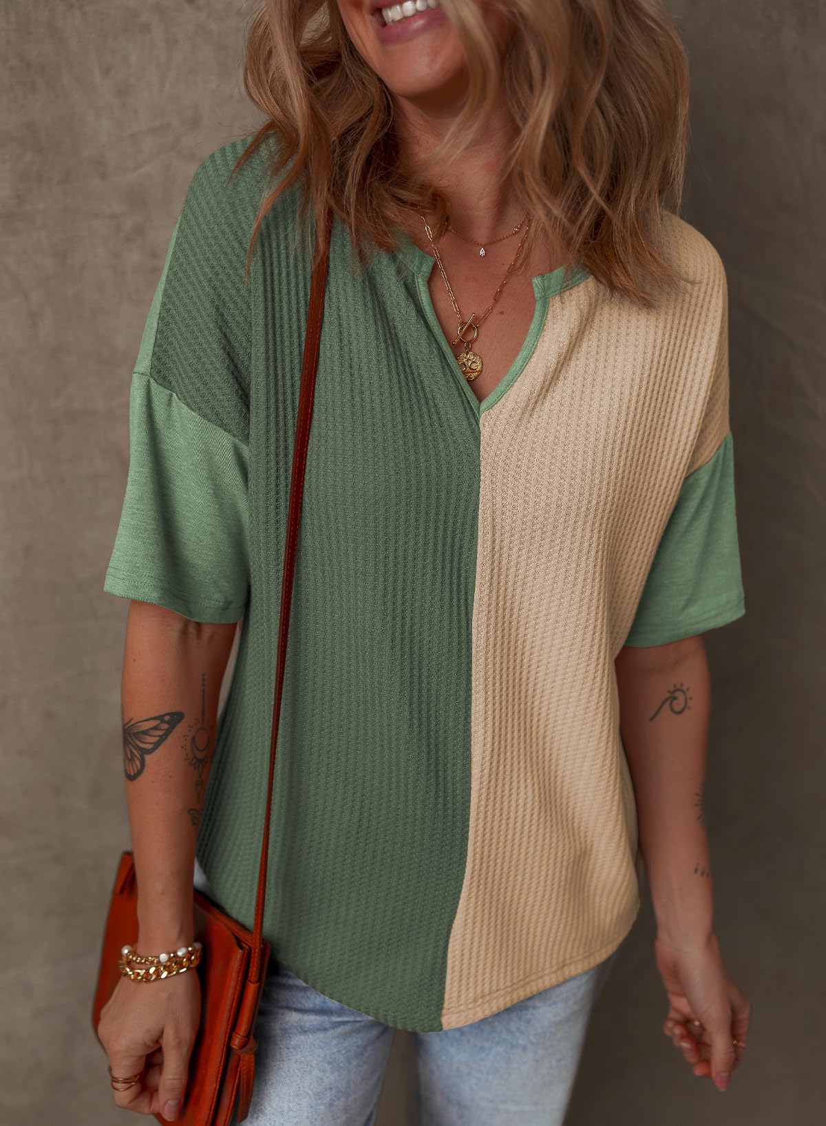 Women's Half Sleeve Waffle Knit Casual V Neck Colorblock Patchwork Shirts