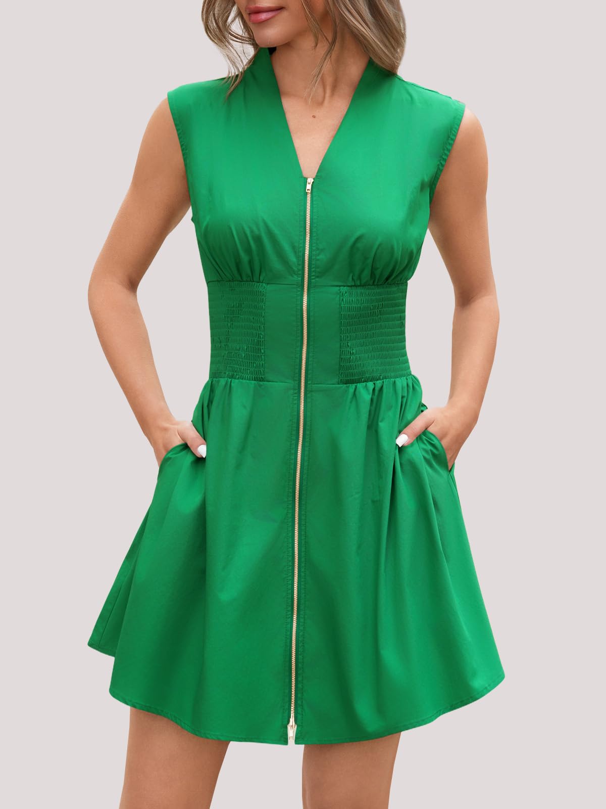 Women's Zip Front V Neck Sleeveless Tank Mini Dress with Pockets