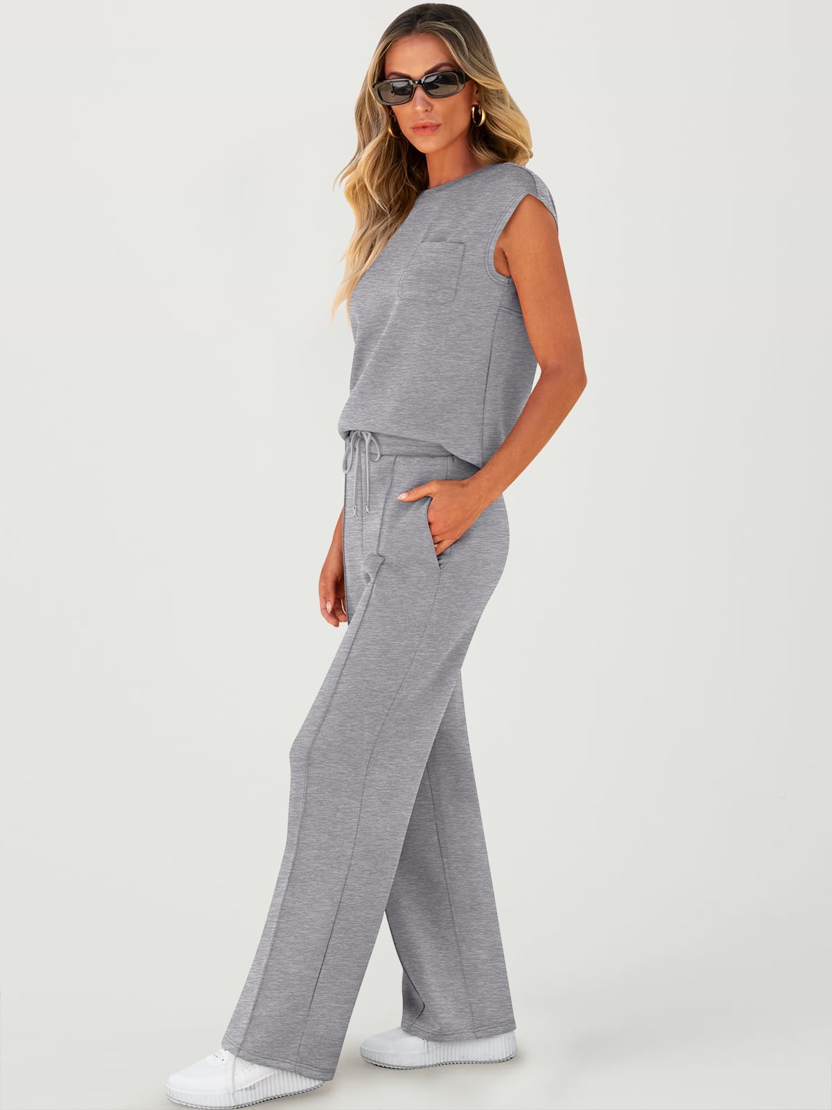 Women's Sleeveless Sweatsuits Matching Wide Leg Tracksuits Lounge Sets