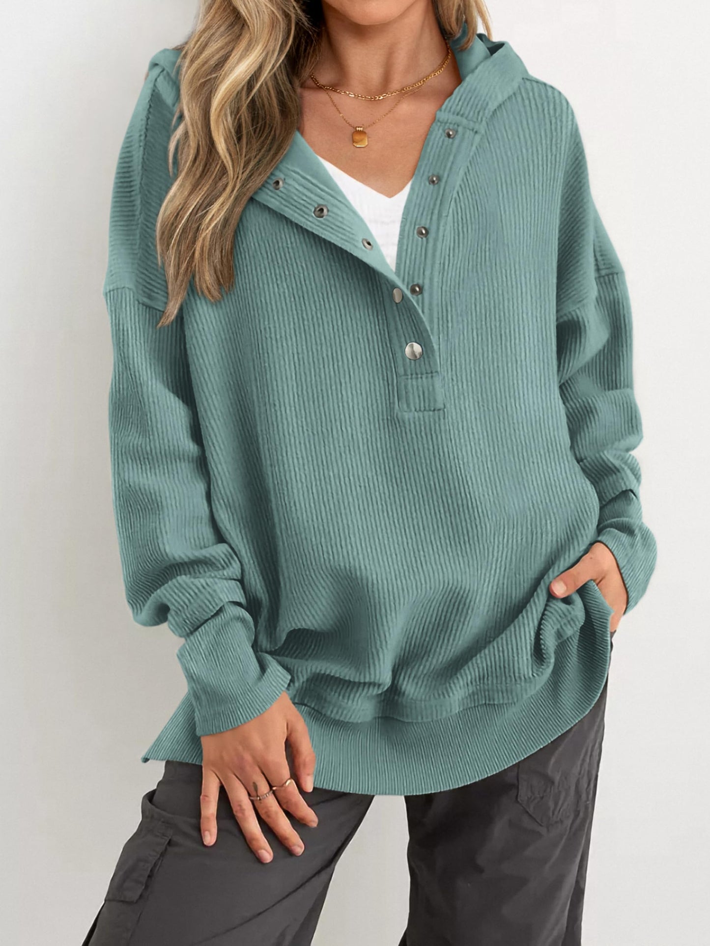 Womens Long Sleeve Hoodie Oversized Button Up Sweatshirt Pullover Tops