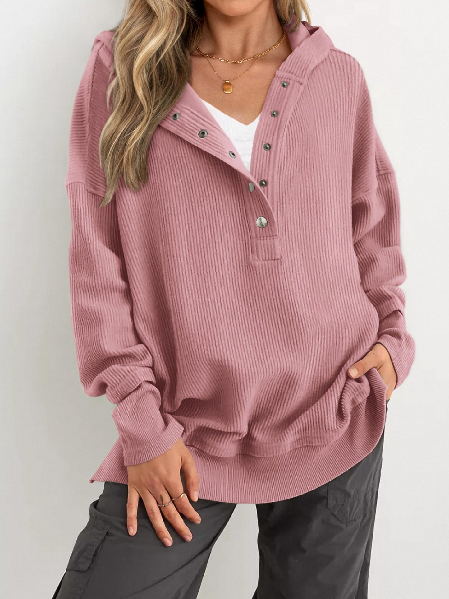 Womens Long Sleeve Hoodie Oversized Button Up Sweatshirt Pullover Tops