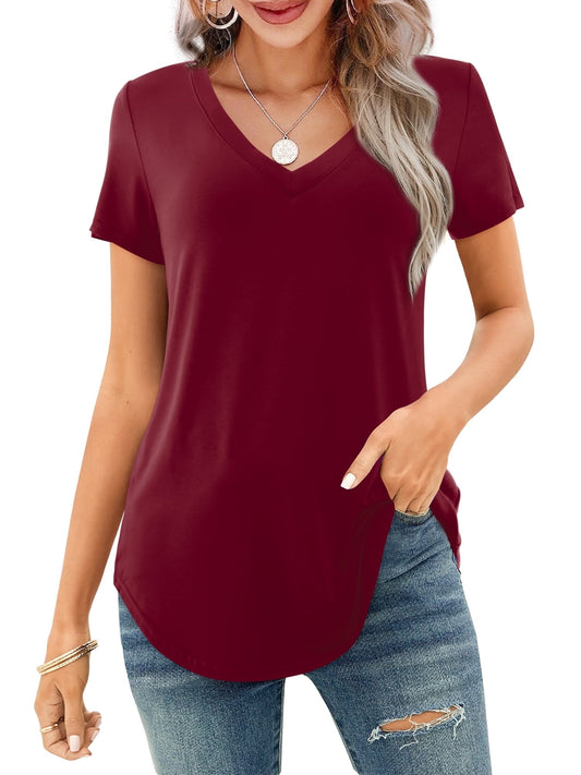 Women's V-neck Short Sleeve Curved Hem Tee Top