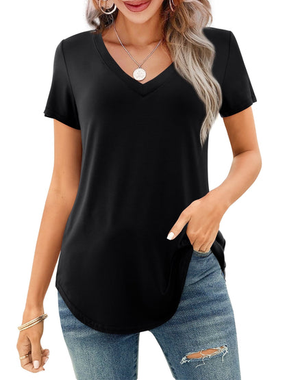 Women's V-neck Short Sleeve Curved Hem Tee Top
