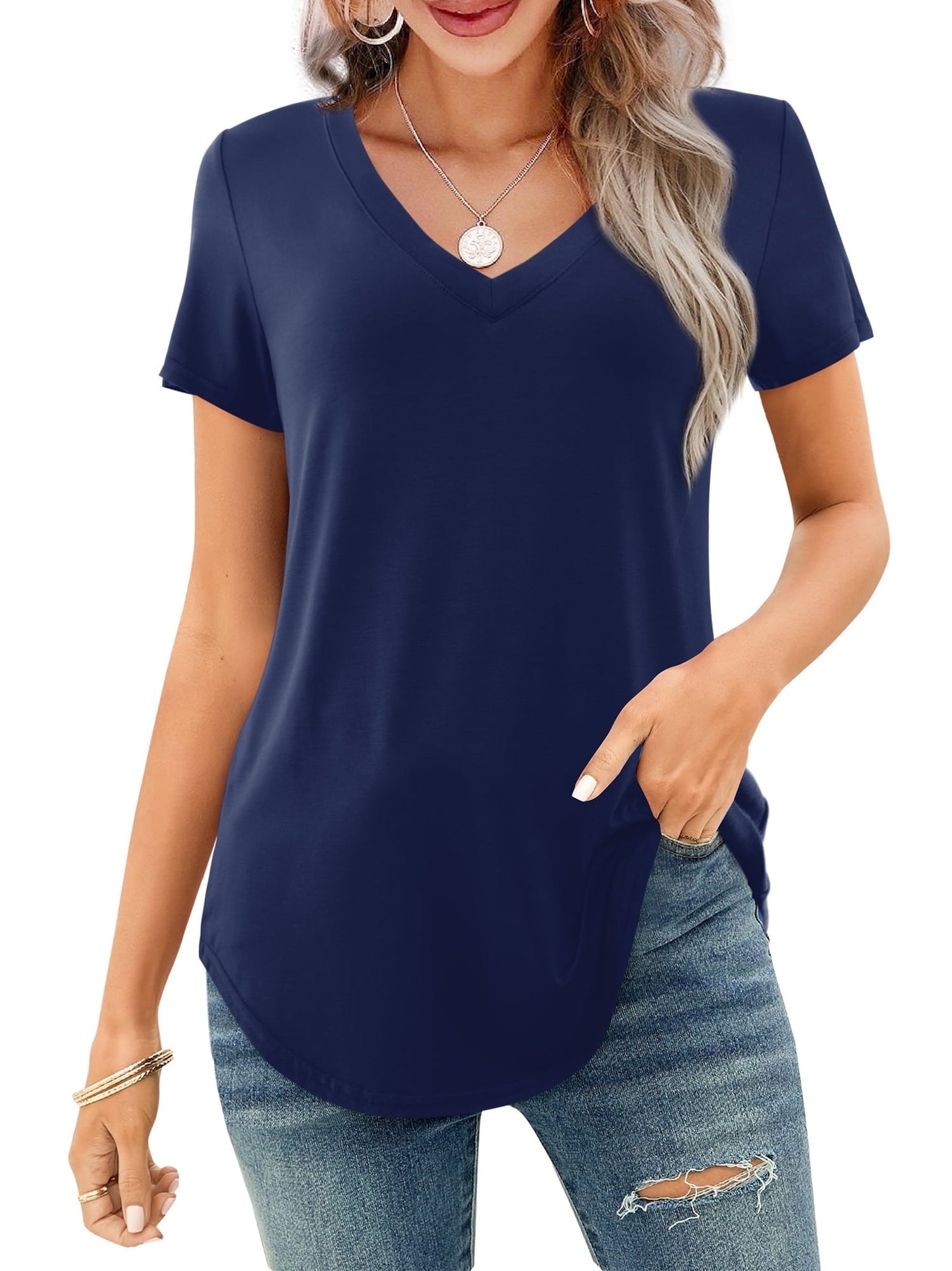 Women's V-neck Short Sleeve Curved Hem Tee Top