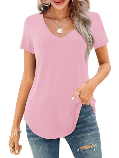 Women's V-neck Short Sleeve Curved Hem Tee Top